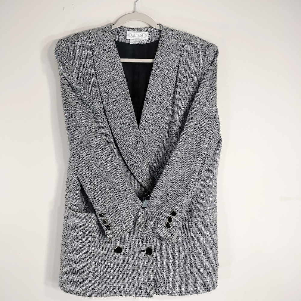 Gilmor Black and White Blazer; 80s Tweed Double Breasted Longline Jacket